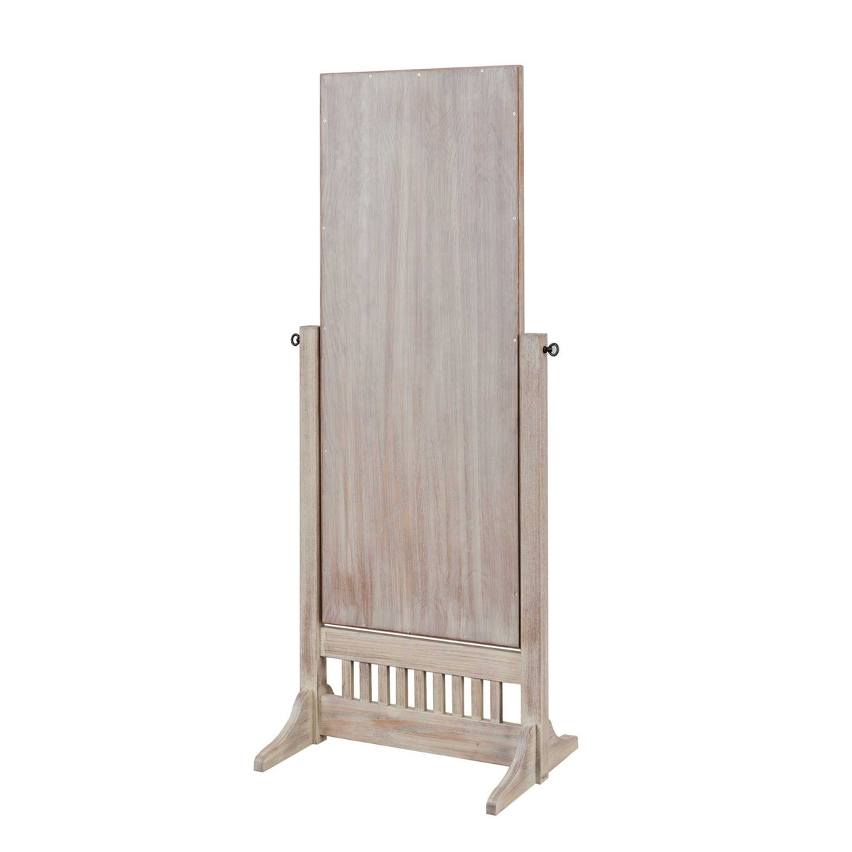 Back view of the whitewashed cheval mirror showing the paneled backing board and pivot posts