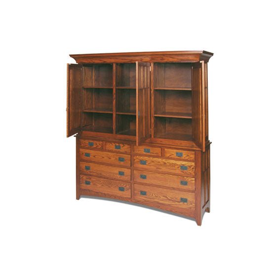 Mission oak mule chest with upper doors open showing six adjustable shelves above ten storage drawers