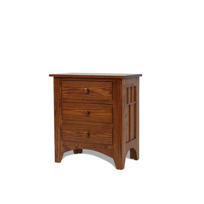 Oak Mission nightstand with three drawers, square wood knobs and slatted side panel on a white background