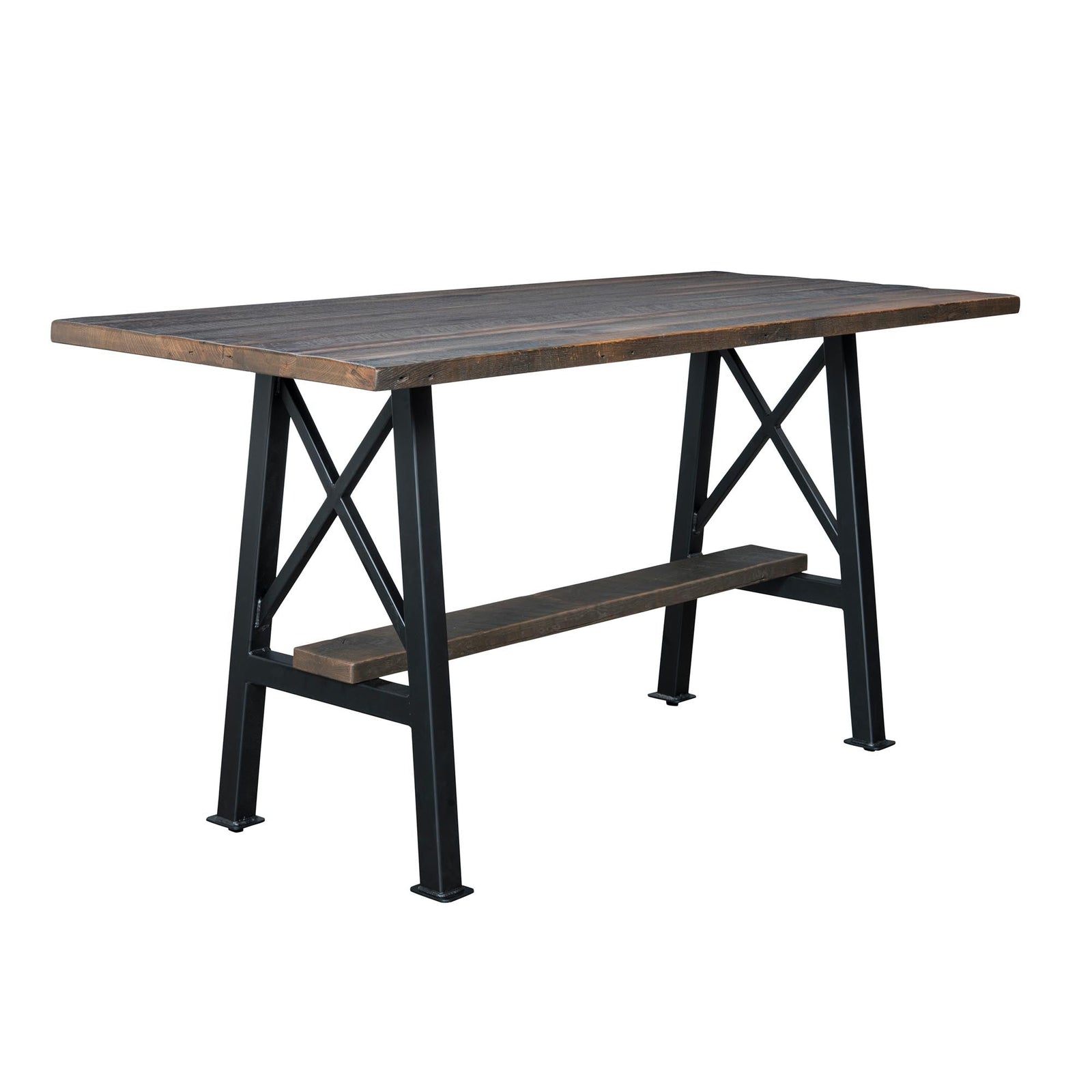 Counter height table with gray plank top and simple black A frame legs shown in a loft with X back stools