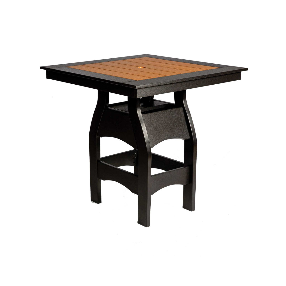 Square 42 inch poly bar height table with cedar plank inset top, umbrella hole and black arched leg base