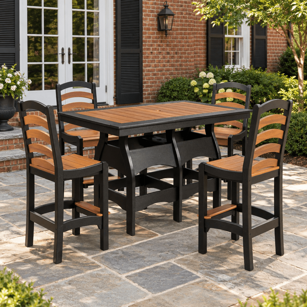 Amish Nashau Poly Patio 42" x 72" Bar Height Table shown in the back patio of a traditional colonial home