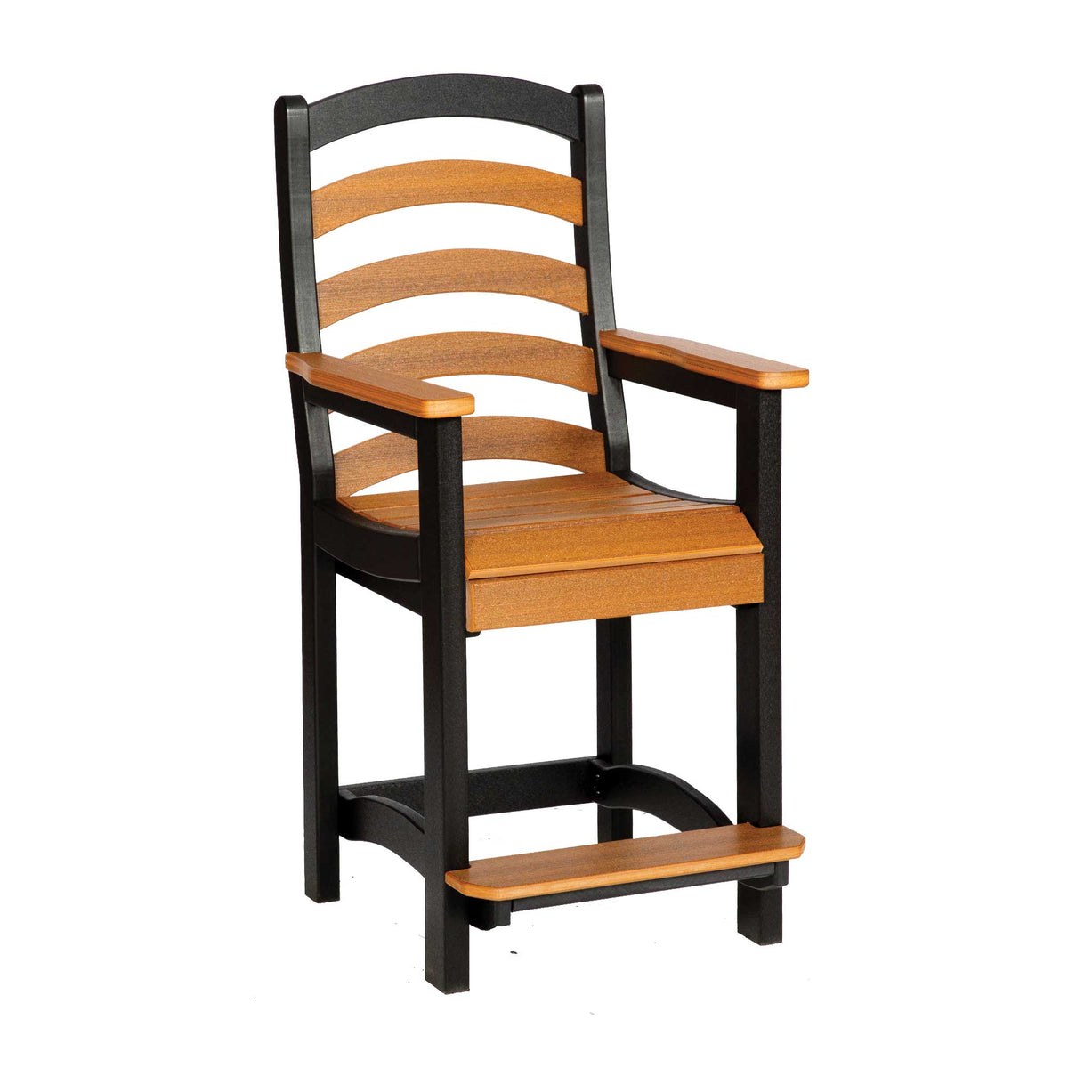 Poly counter height chair with cedar arms, ladder back slats and seat over a black frame with footrest