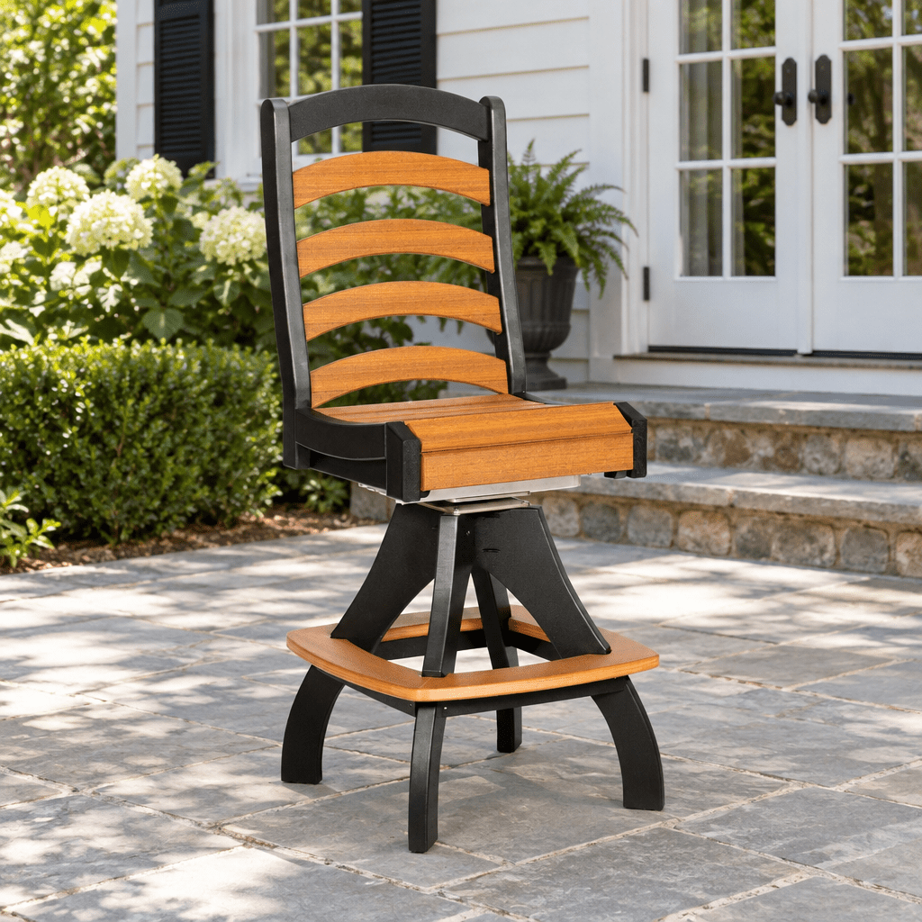 Amish Nashau Poly Patio Swivel Bar Chair shown in the back patio of a traditional colonial home