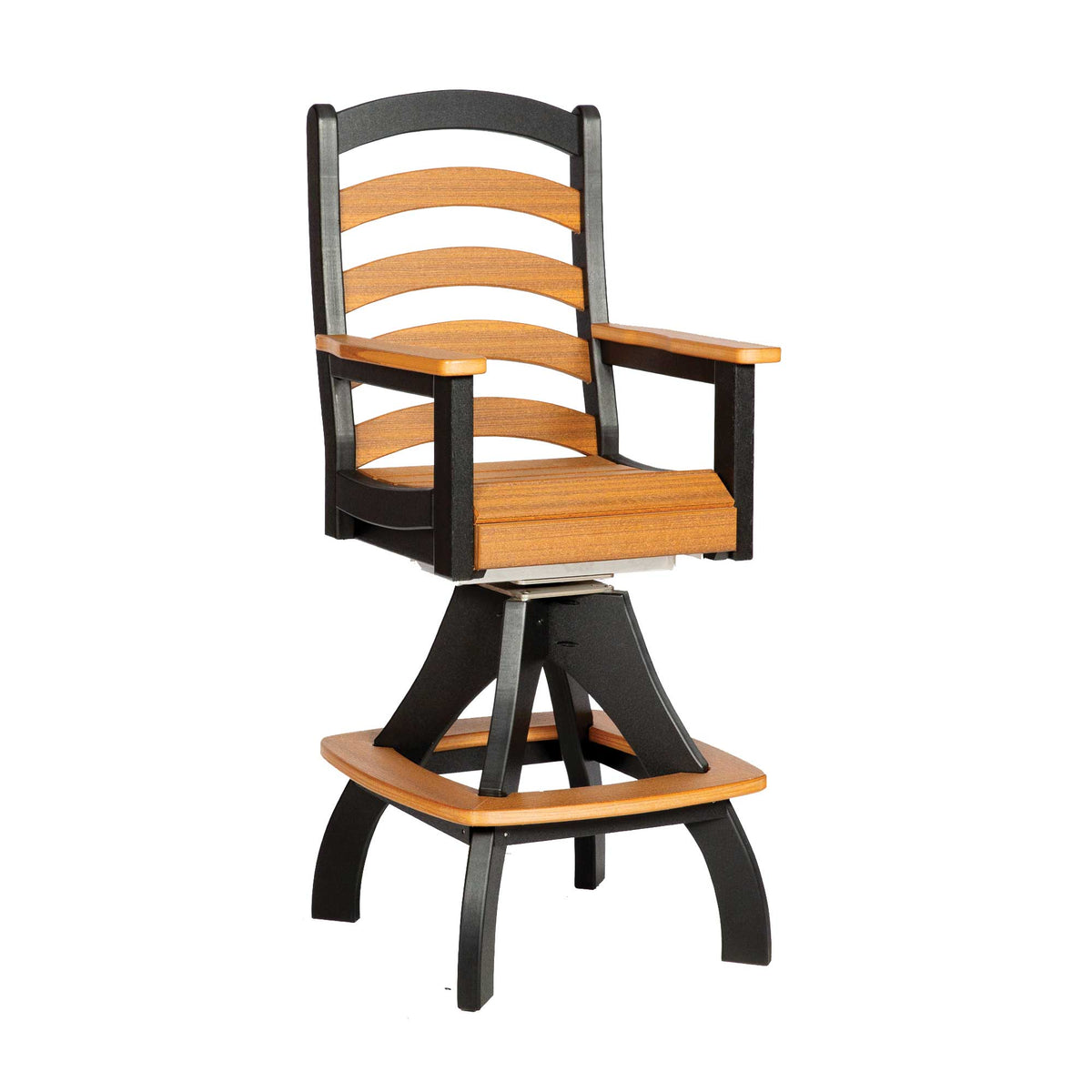 Poly swivel bar chair with cedar arms and back slats on a black swivel pedestal with cedar-topped footring