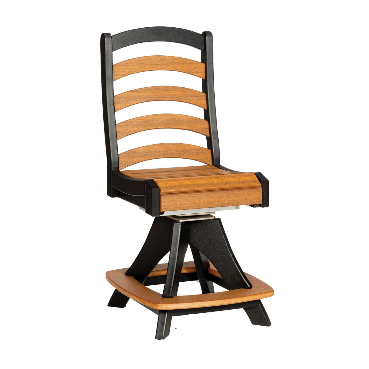 Armless poly swivel counter chair with cedar ladder slats and seat on a black flared swivel base with footring