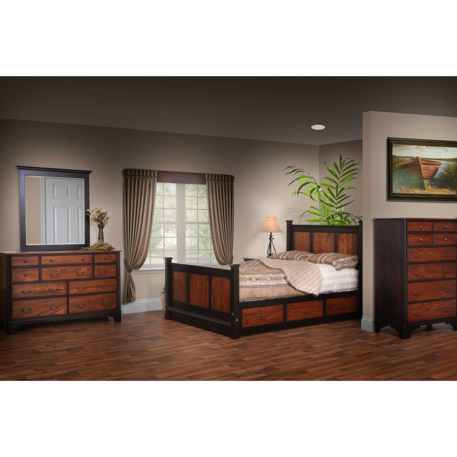 Two-tone bedroom set with black frames and rustic wood panels: storage bed, mirrored dresser and tall chest