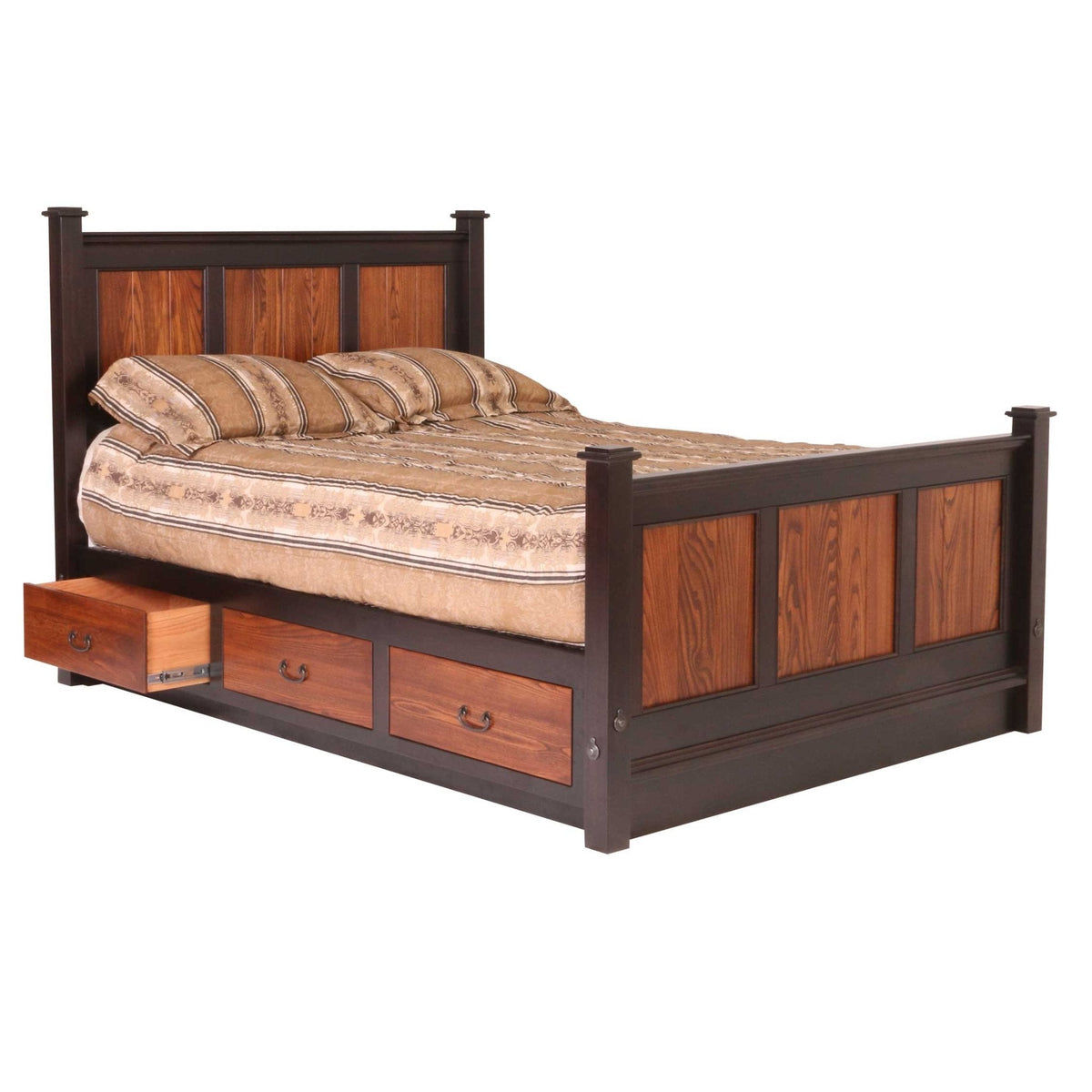 Two-tone storage bed with black posts, rustic wood panels and three footboard drawers, one pulled open