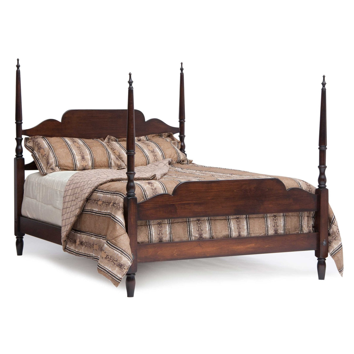 Arch top poster bed in dark cherry with four turned posts and finials, dressed in tan striped bedding