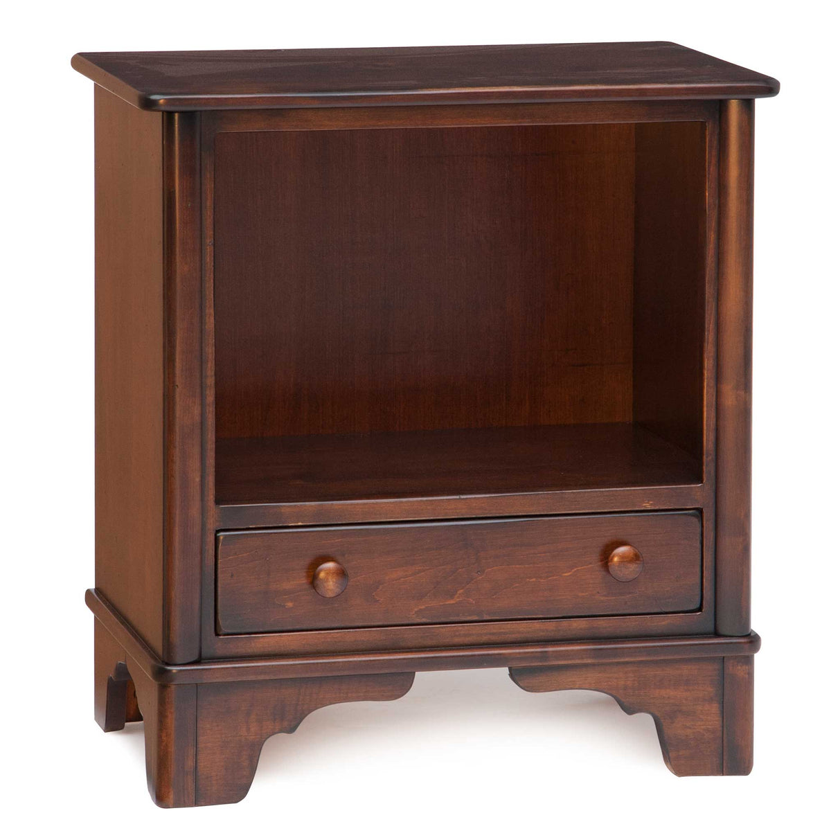 Cherry library night table with a tall open shelf above one knobbed drawer and a scalloped bracket base