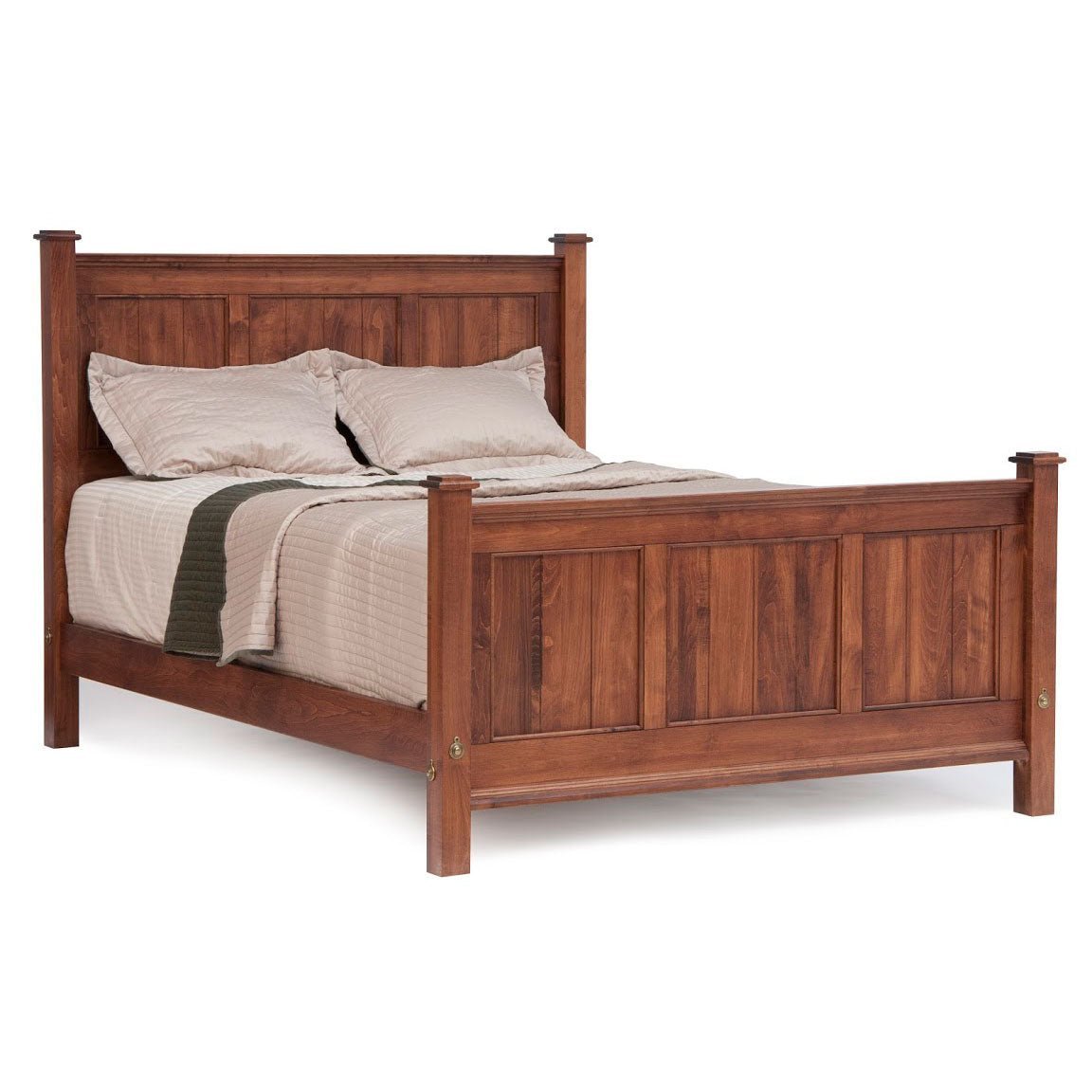 Cherry panel bed with square posts and three-panel footboard, styled with taupe bedding on a white background