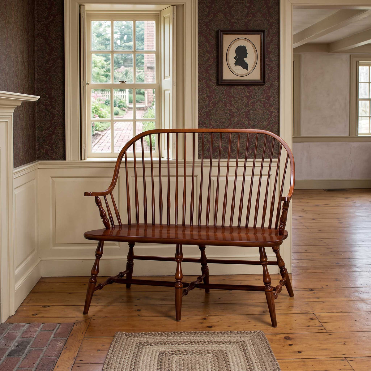Amish New England Solid Wood Windsor Bench with Arms