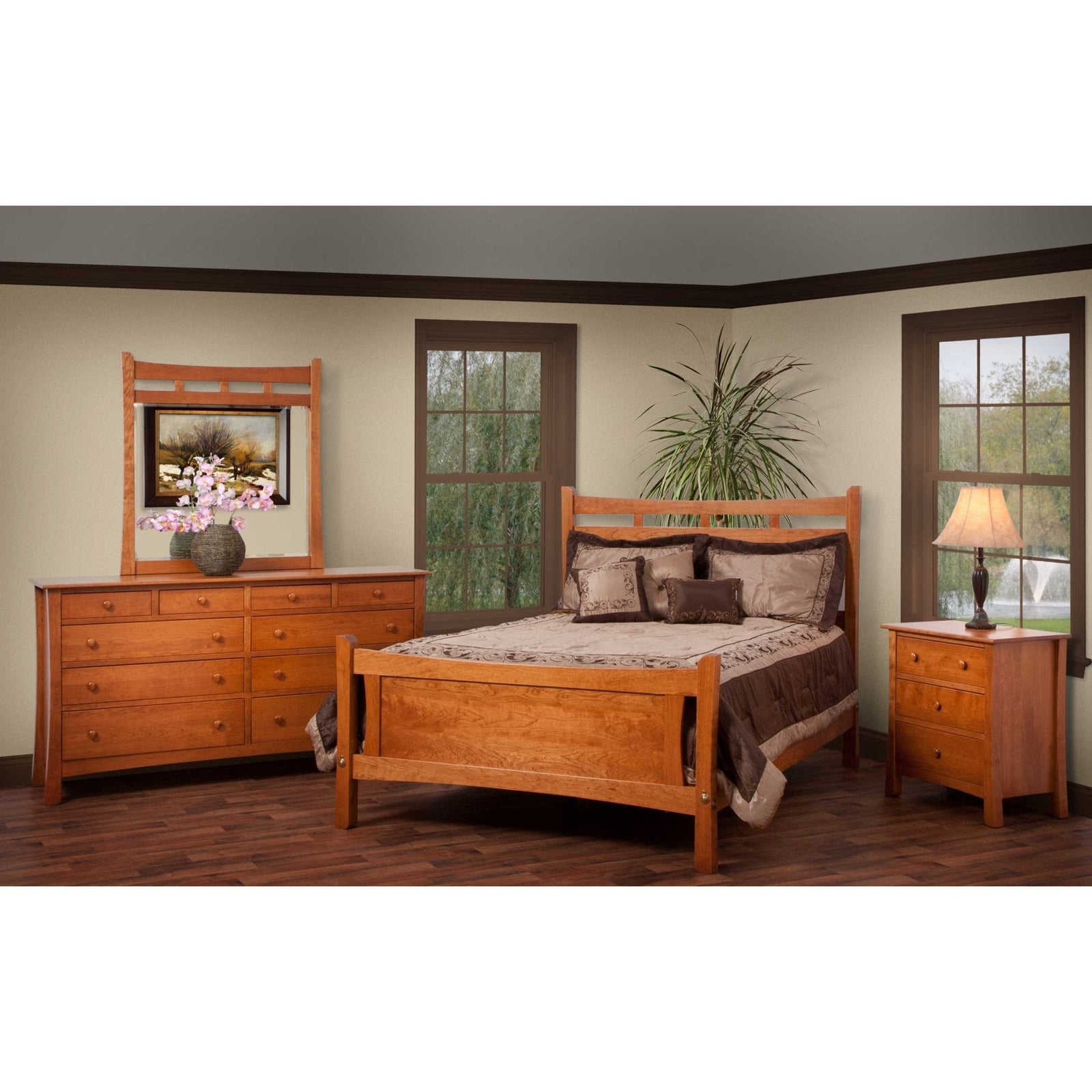 Cherry transitional bedroom set with curved-crest bed, mirrored triple dresser and three-drawer nightstand