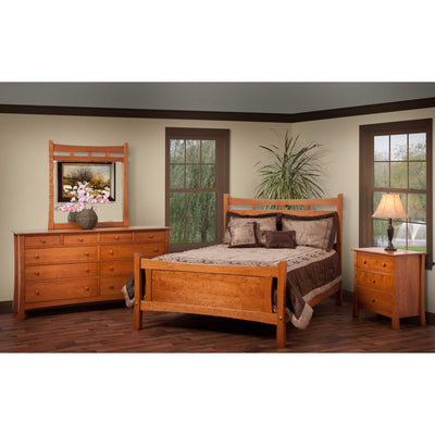 Cherry transitional bedroom set with curved-crest bed, mirrored triple dresser and three-drawer nightstand
