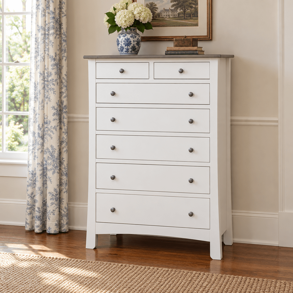 Amish New Transitions Chest of Drawers shown in the bedroom of a traditional colonial home