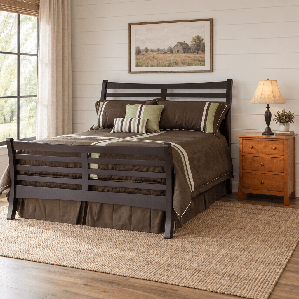 Amish New Transitions Slatted Sleigh Bed shown in the bedroom of a modern farmhouse home