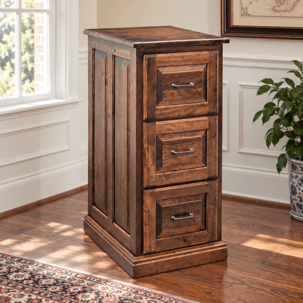 Amish Newburg Traditional Solid Wood 3-Drawer File Cabinet shown in the home office of a traditional colonial home