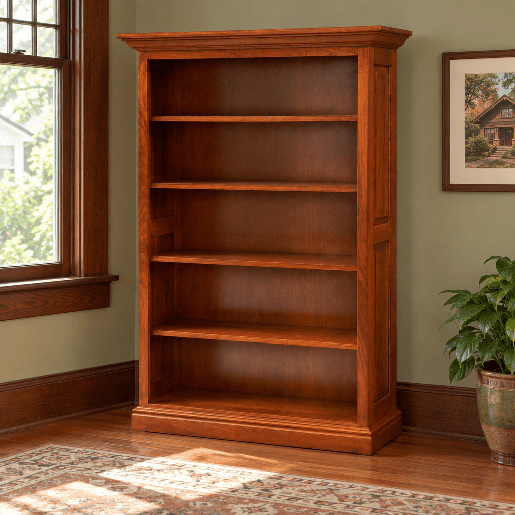 Amish Newburg Traditional Solid Wood 5' Bookcase with Adjustable Shelves shown in the home office of a craftsman bungalow home