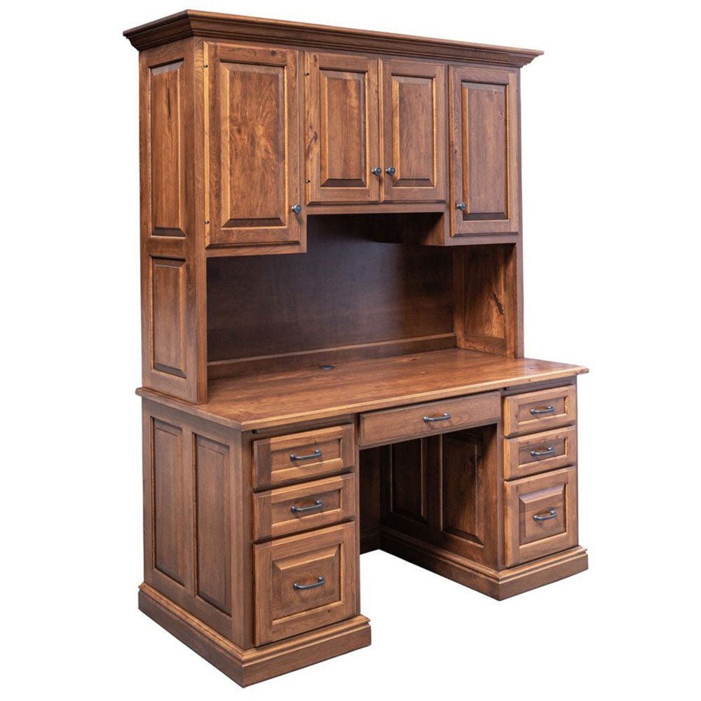 Kneehole desk topped by a paneled hutch with four upper doors, open shelf and six drawers with bronze pulls