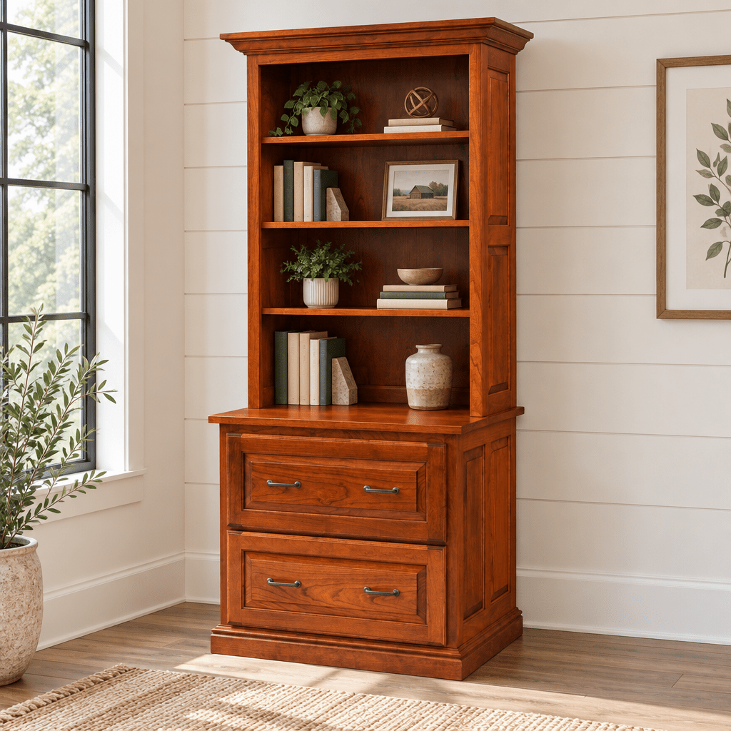 Amish Newburg Traditional Solid Wood Lateral File with Hutch shown in the home office of a modern farmhouse home