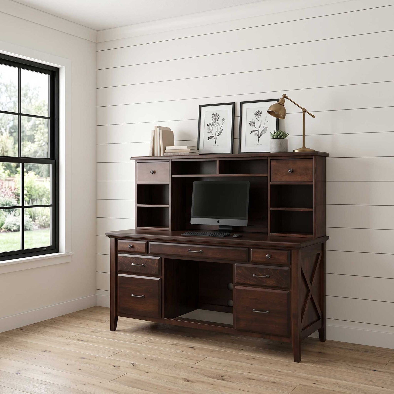 Amish Penn Yan Farmhouse Solid Wood Large Computer Credenza with Hutch
