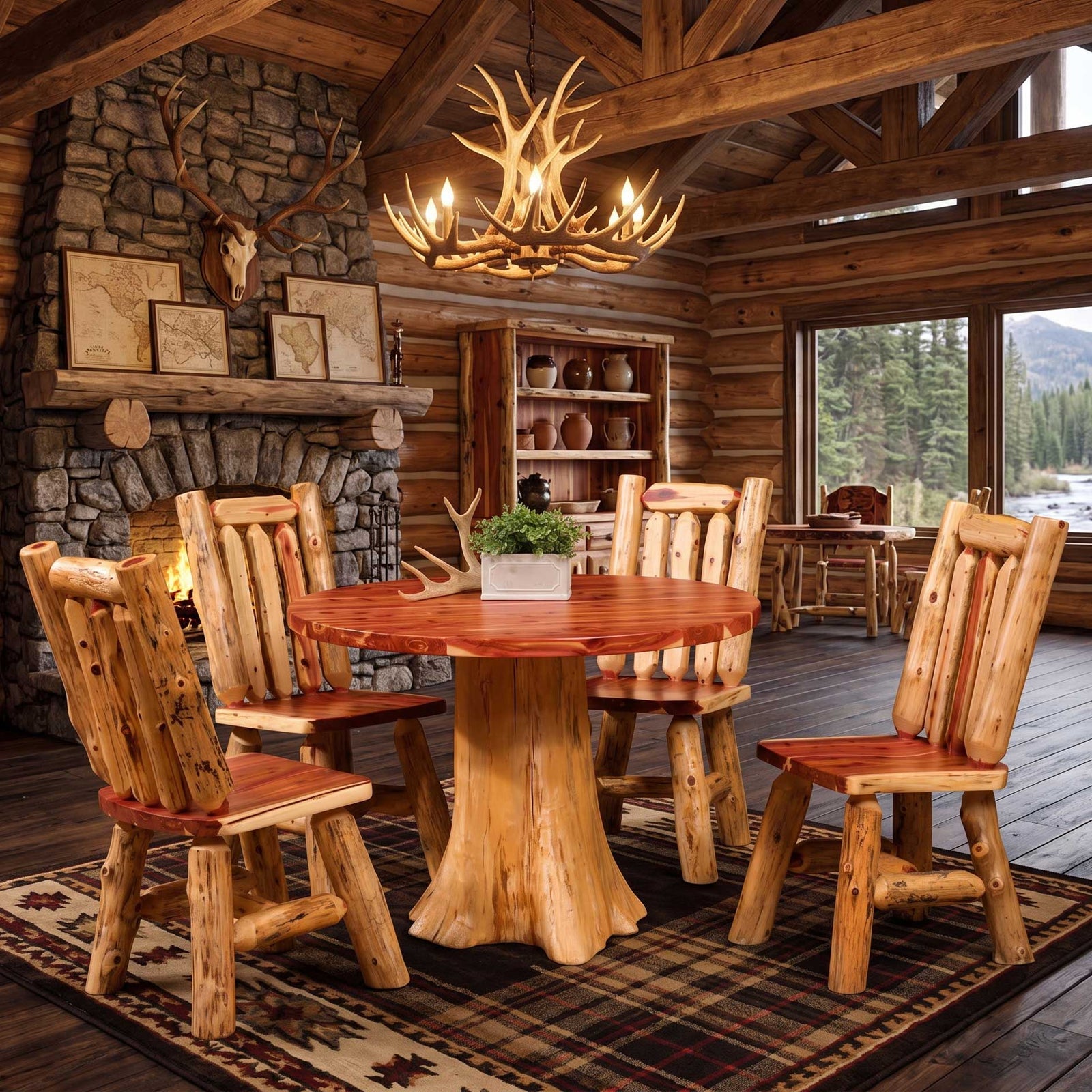 A rustic log dining room set featuring a round natural wood table and five matching log chairs with reddish-brown painted seats, shown in a cabin interior with a stone fireplace, antler chandelier, and large windows.