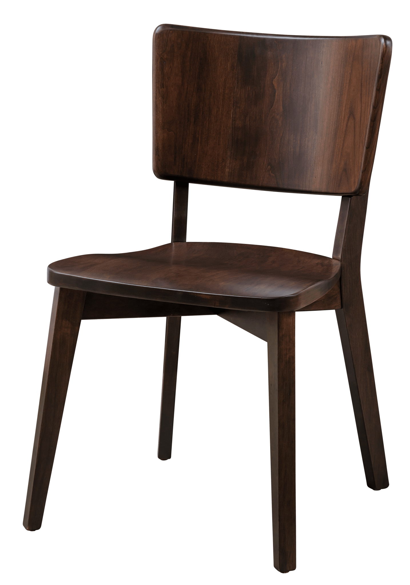 Mid century dining chair in walnut with a floating curved back rest and saddle seat by a slatted wall