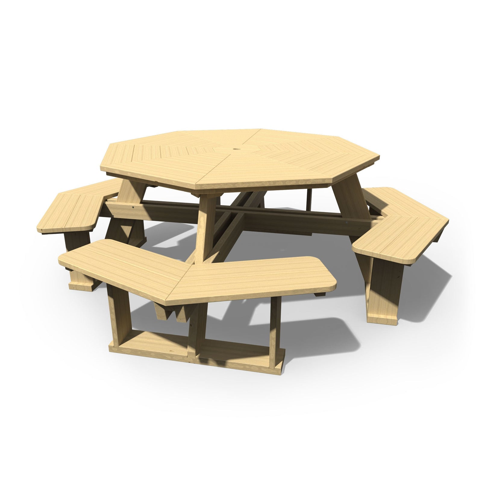 Octagon wood picnic table with four attached walk-in benches in a light tan finish on a mowed green lawn
