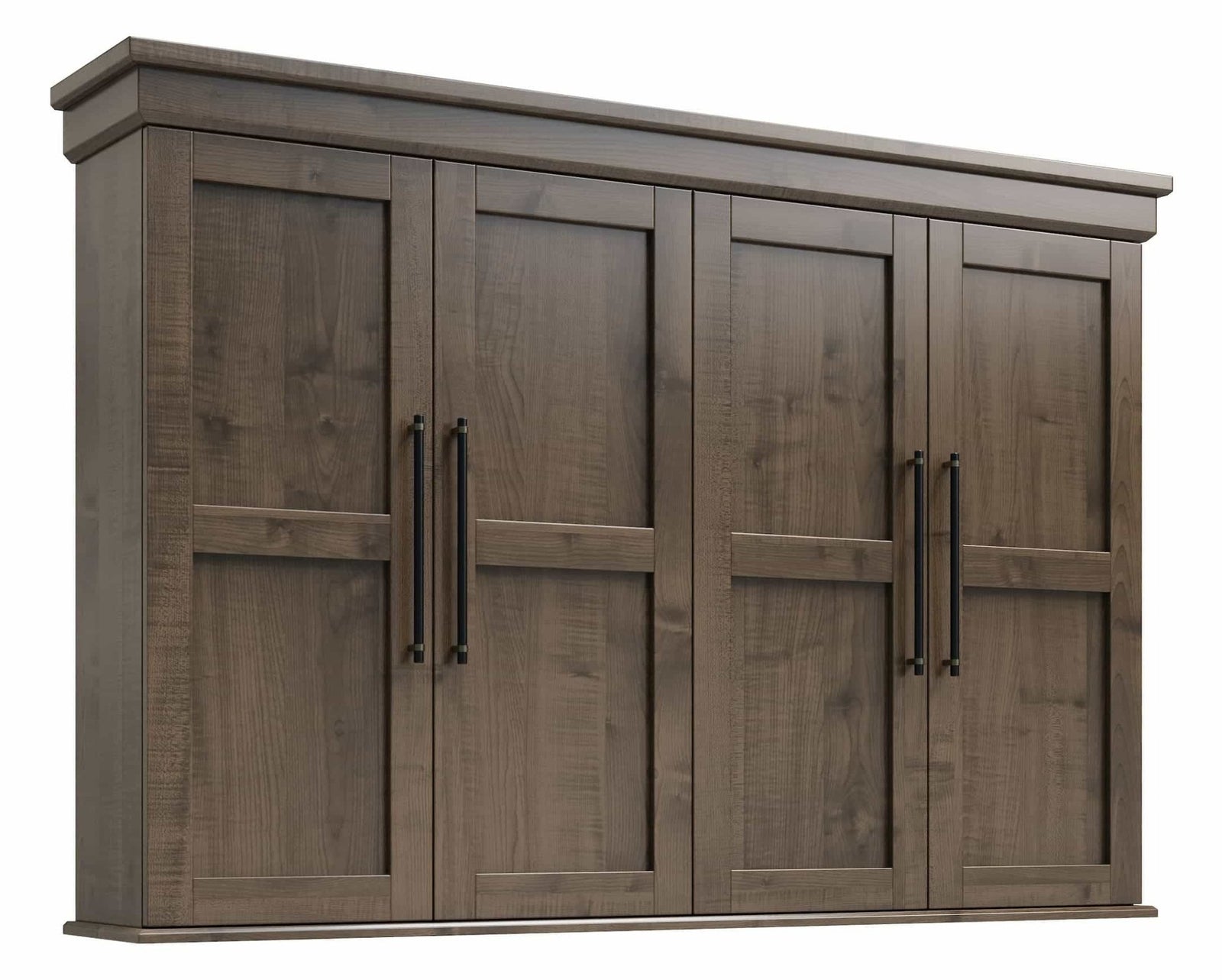 Gray brown four door hutch top with paneled doors, black bar pulls and a crown molding cap on white