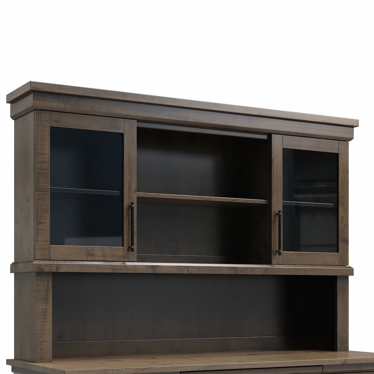 A rustic brown wooden hutch and desk set with dark glass doors, open shelving, and drawers, shown on a plain white background.