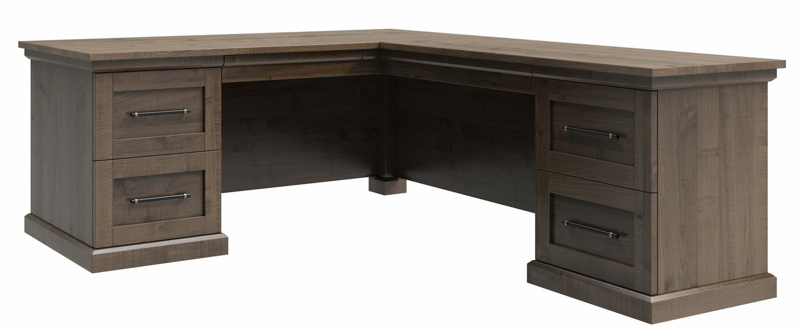 Dark wood executive L desk with drawer pedestals, leather office chair and lamp in a bright home office