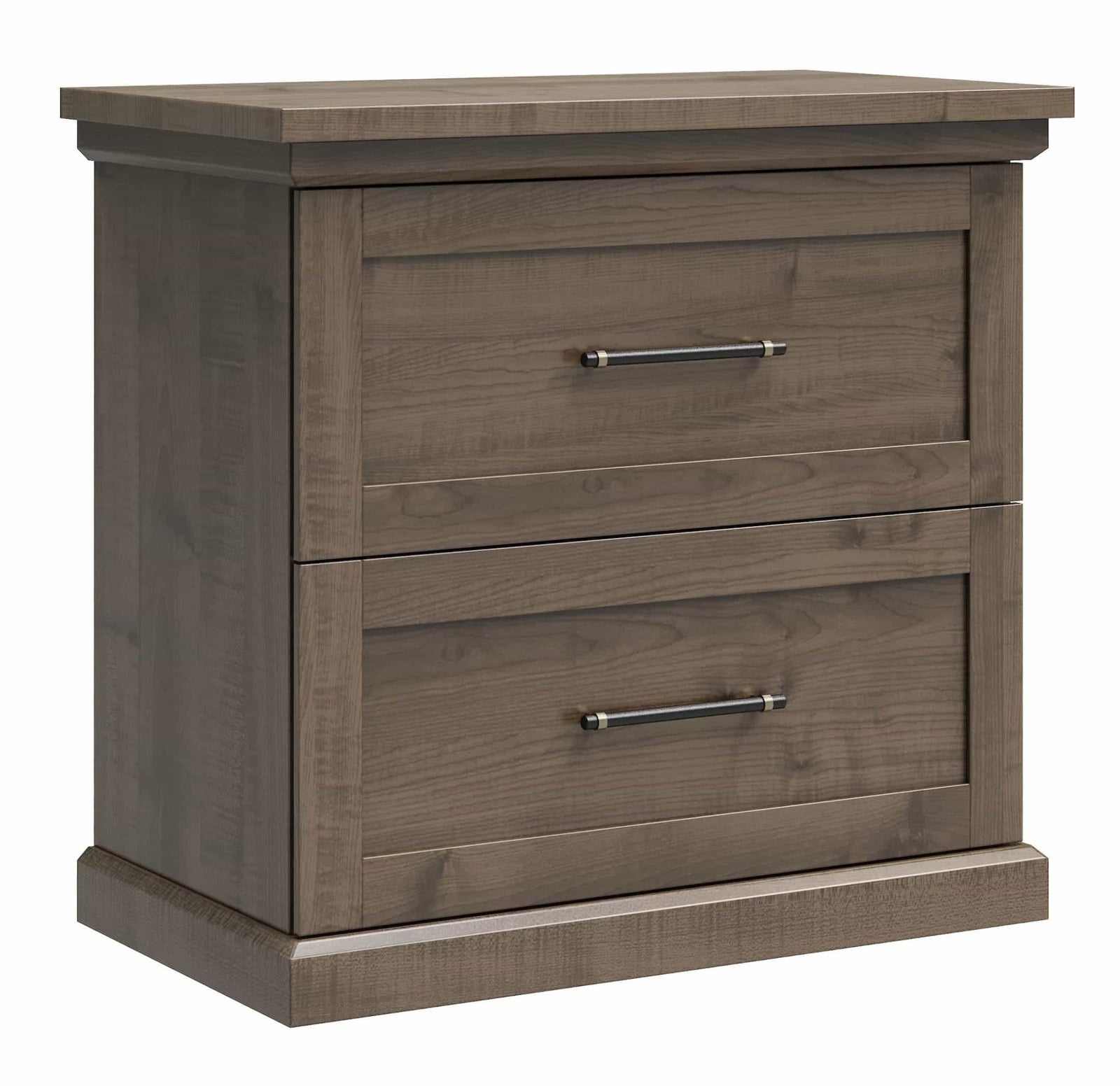 A two-drawer nightstand with a medium brown wood grain finish and silver metal bar handles, shown on a plain white background.