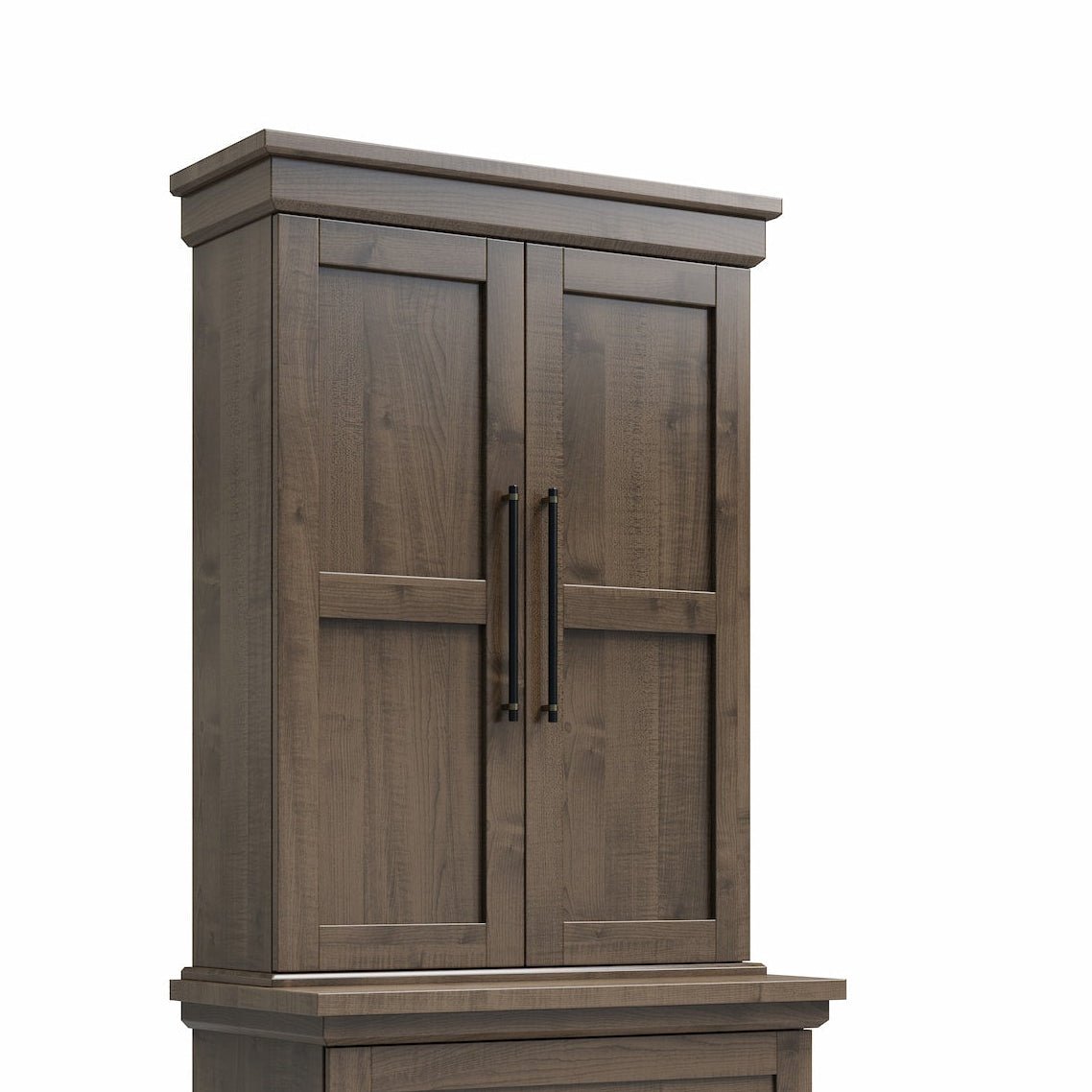 Two door hutch top in gray stained wood with paneled doors and long black pulls shown atop a lateral file