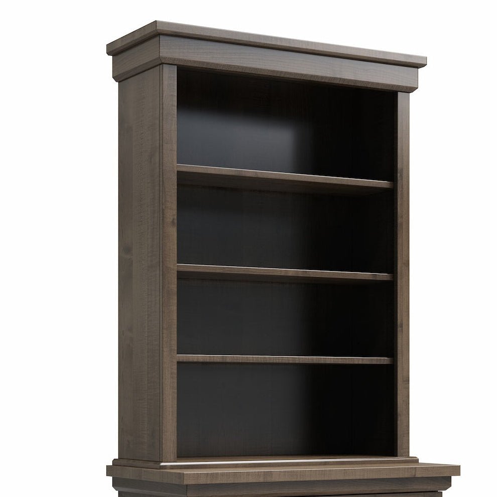 Open shelving hutch top with three shelves in a gray brown finish sitting on a matching lateral file cabinet