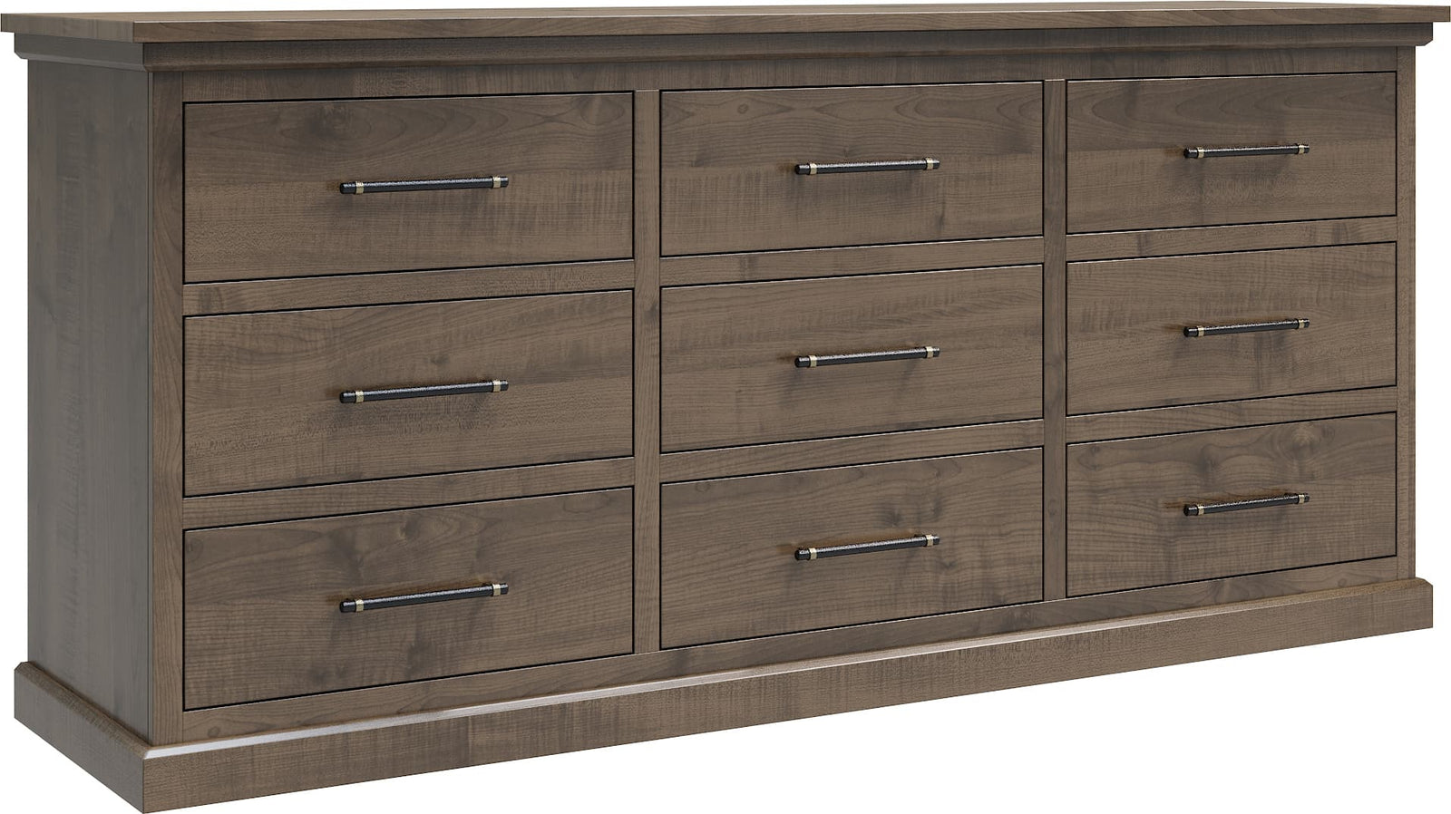 Nine drawer wide dresser in a soft gray finish with three drawer columns and slim metal pulls on white