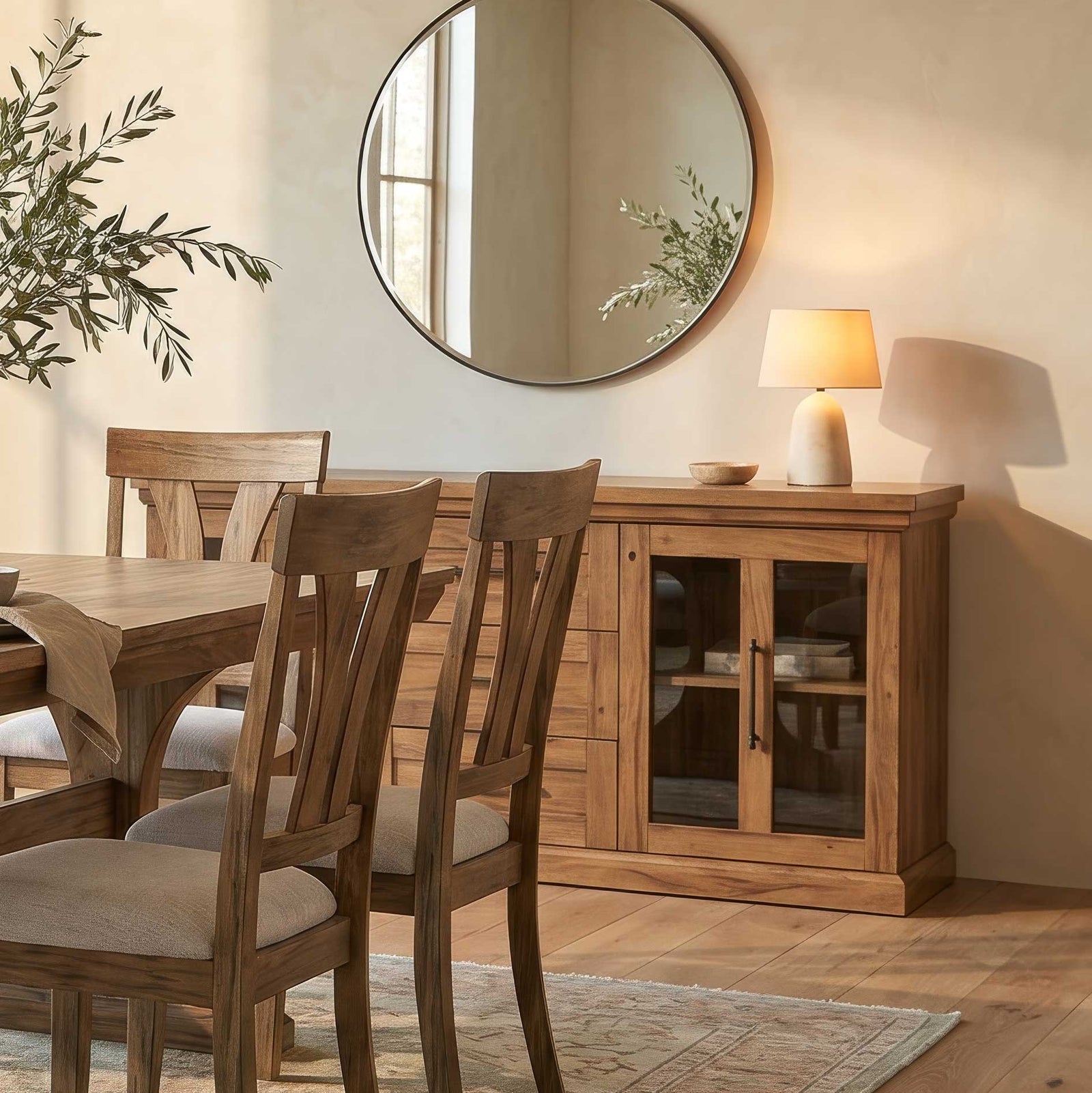 Oak sideboard with glass doors and drawers under a round mirror, styled with a lamp beside a dining table