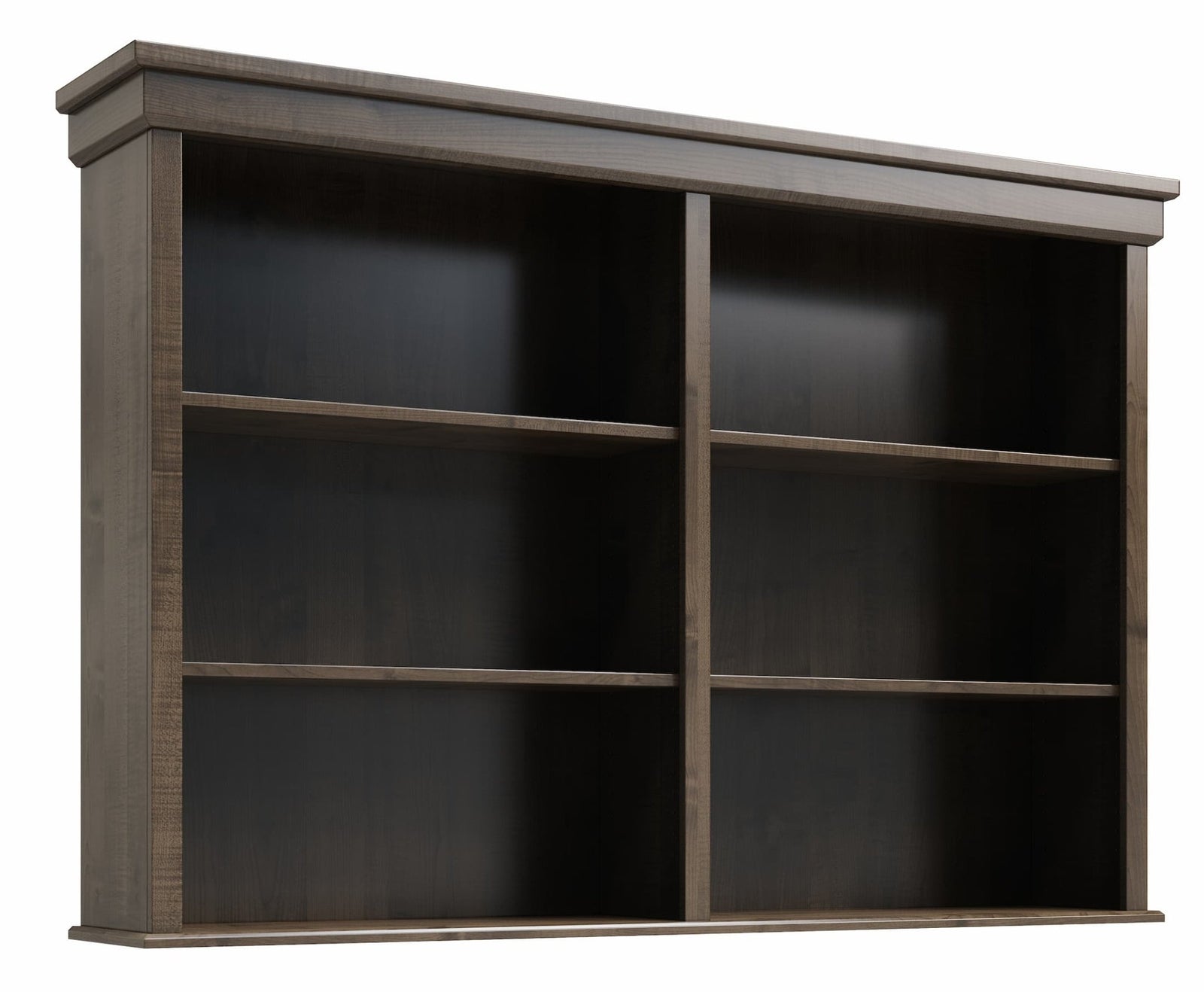 Open shelving hutch top in gray wood with four shelf compartments and a molded crown on a white background