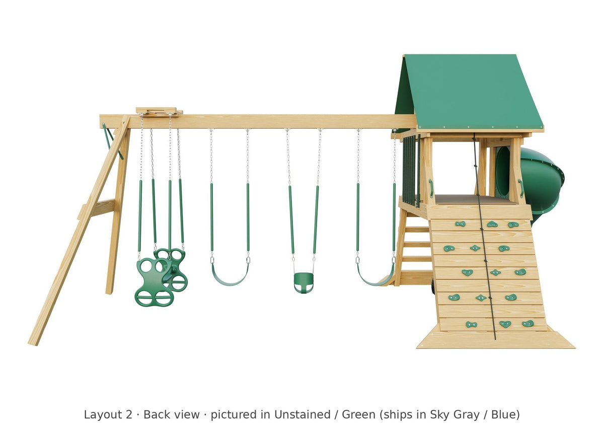 Amish Olympus Wooden Swing Set & Playset Kit – Layout 2, back view (shown in Unstained with Green accents)