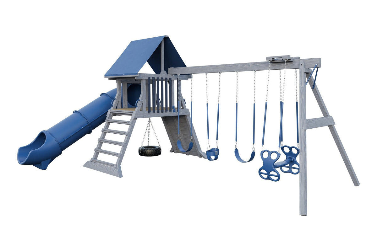 Amish Olympus Wooden Swing Set & Playset Kit – Layout 2, Sky Gray with Blue accents