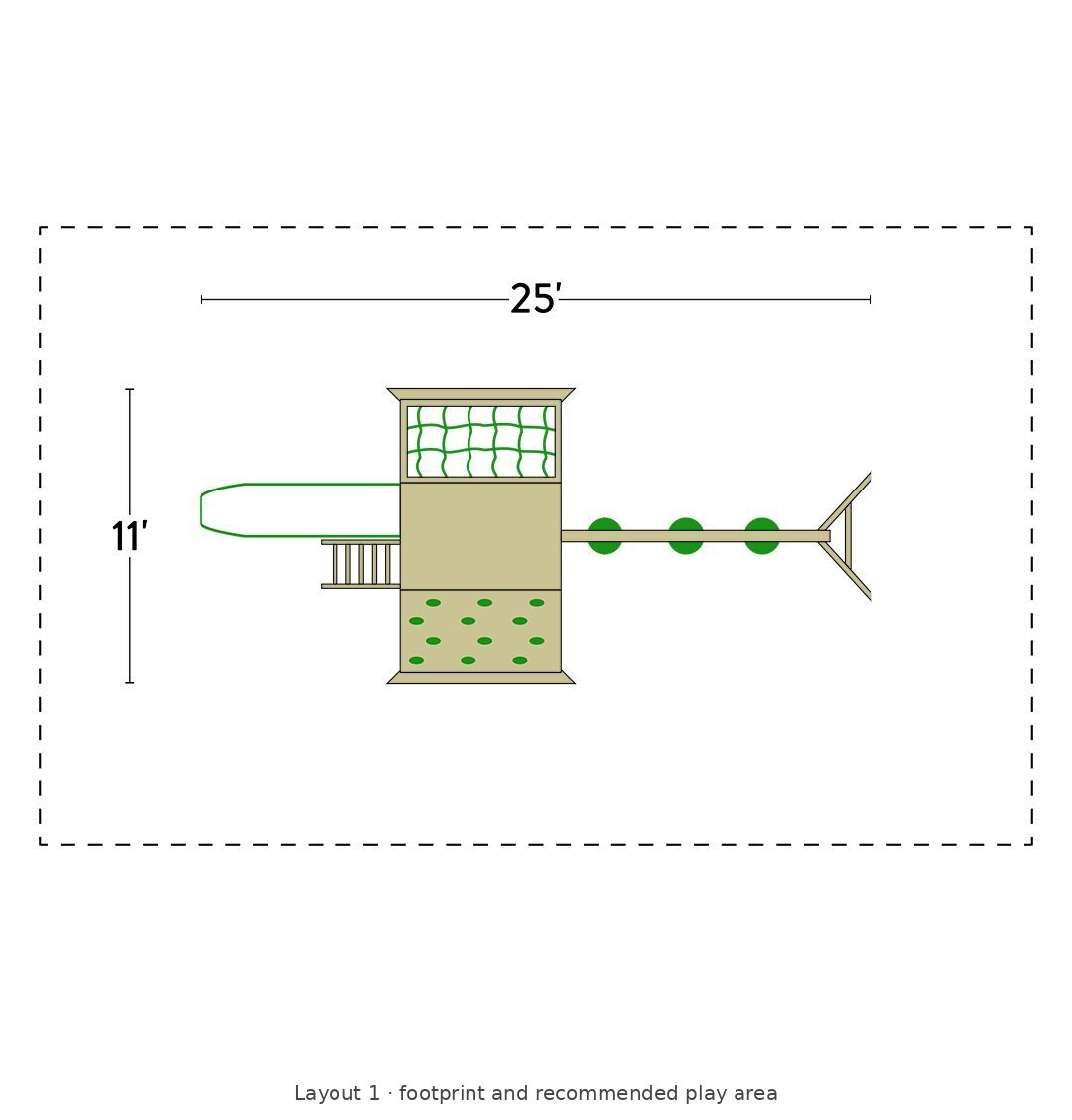 Amish Olympus Wooden Swing Set & Playset Kit – Layout 1 footprint and recommended play area diagram