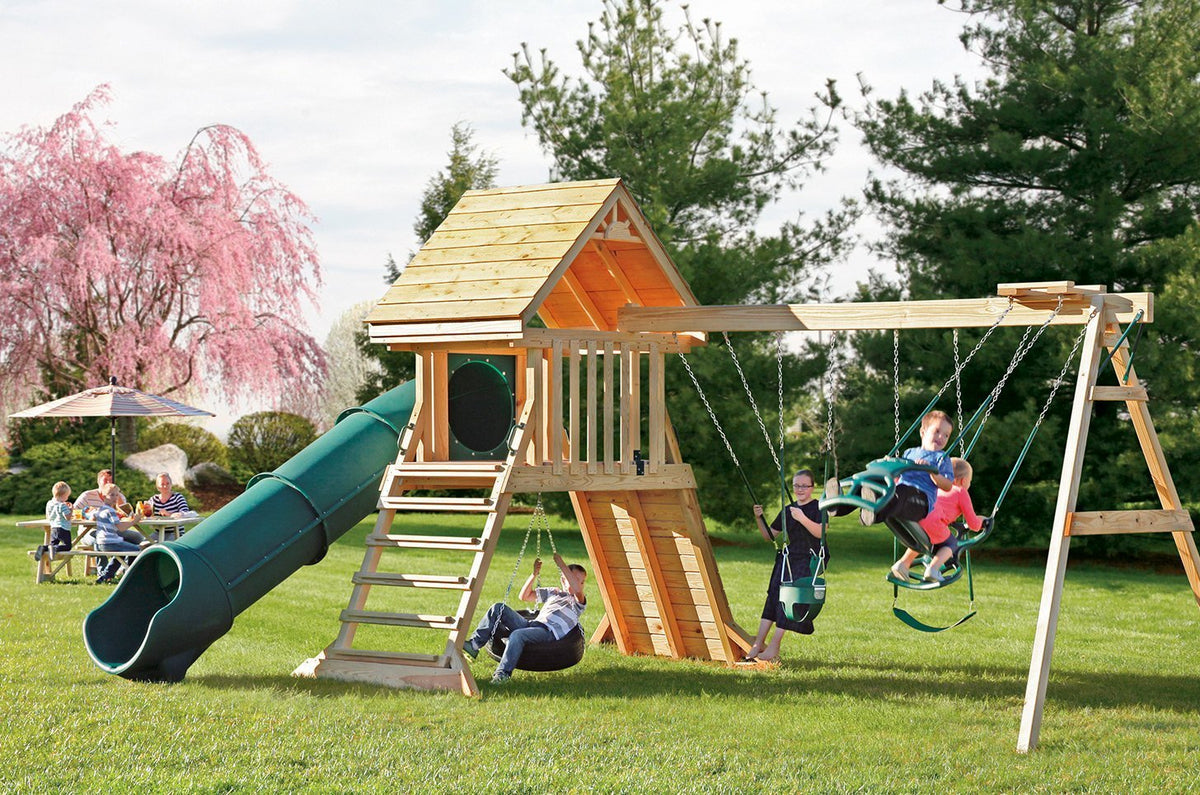 Olympus Wooden Swing Set & Playset Kit – real-world photo (configuration and colors may differ from the layouts offered)
