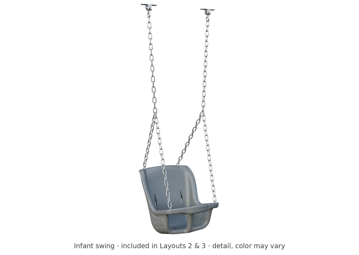 Infant swing detail – included in Layouts 2 & 3 of the Olympus Wooden Swing Set & Playset Kit