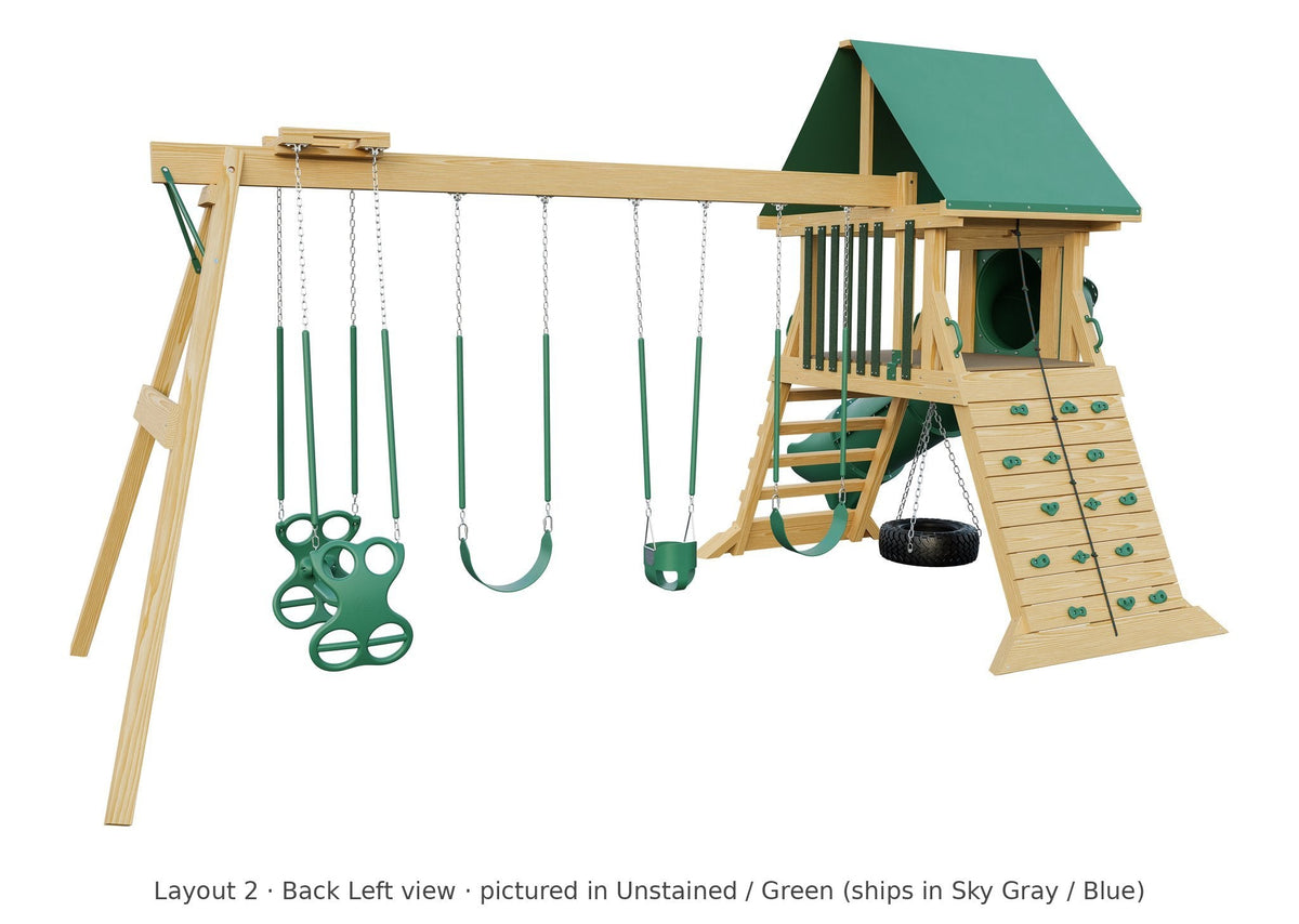 Amish Olympus Wooden Swing Set & Playset Kit – Layout 2, back left view (shown in Unstained with Green accents)