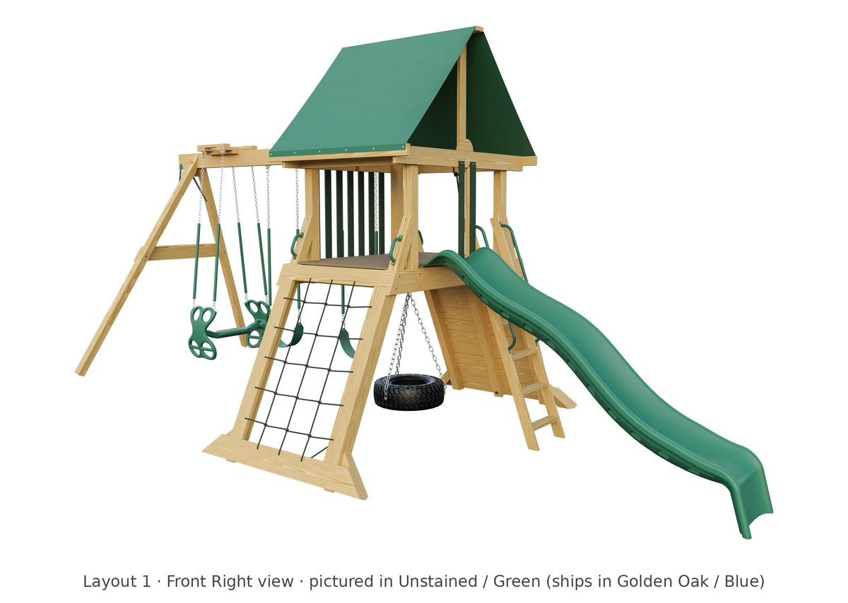 Amish Olympus Wooden Swing Set & Playset Kit – Layout 1, front right view (shown in Unstained with Green accents)