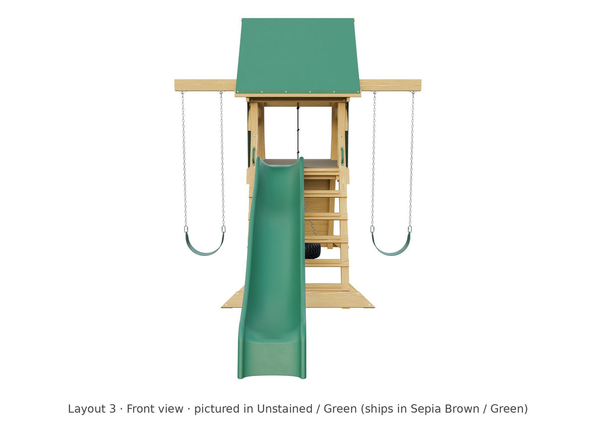 Amish Olympus Wooden Swing Set & Playset Kit – Layout 3, front view (shown in Unstained with Green accents)