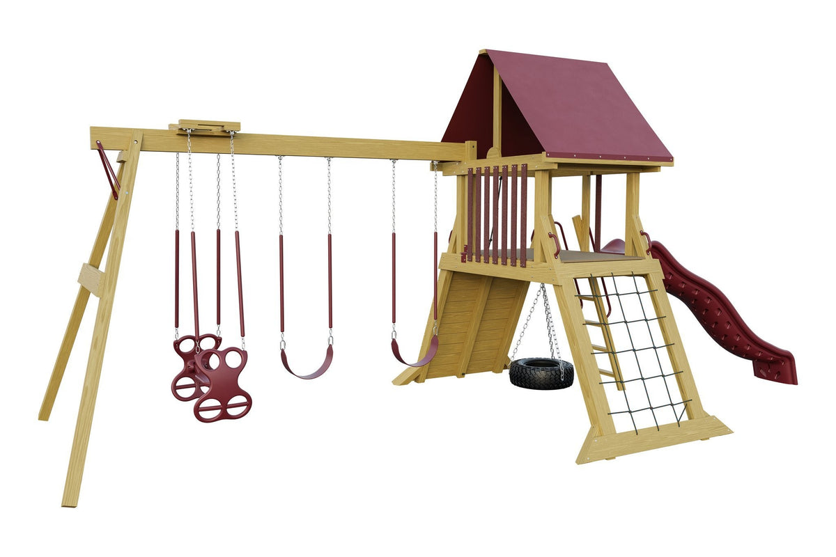 Amish Olympus Wooden Swing Set & Playset Kit – Layout 1, Golden Oak with Blue accents