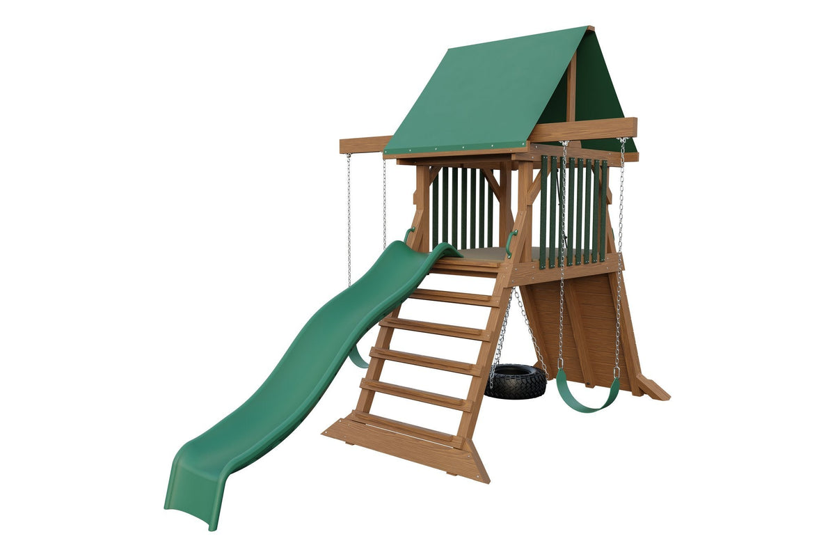 Amish Olympus Wooden Swing Set & Playset Kit – Layout 3, Sepia Brown with Green accents