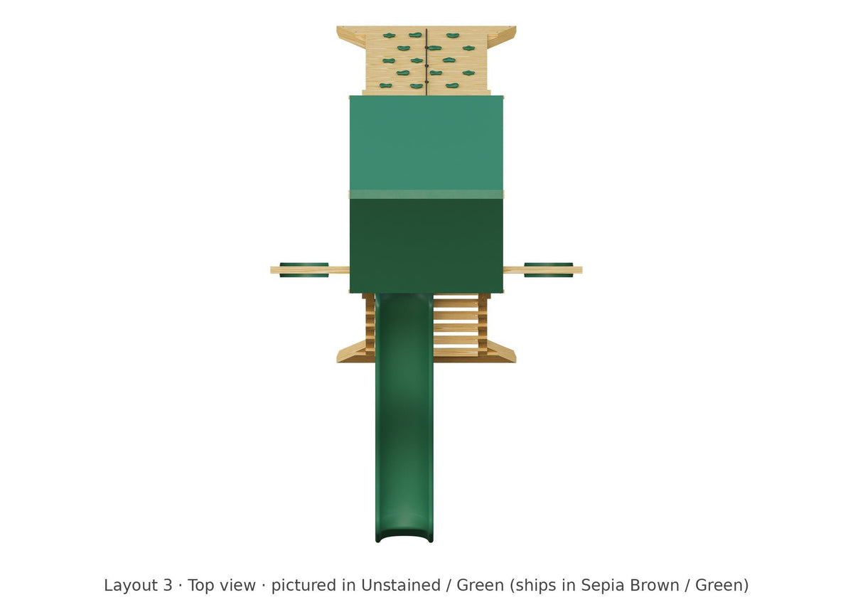 Amish Olympus Wooden Swing Set & Playset Kit – Layout 3, top view (shown in Unstained with Green accents)