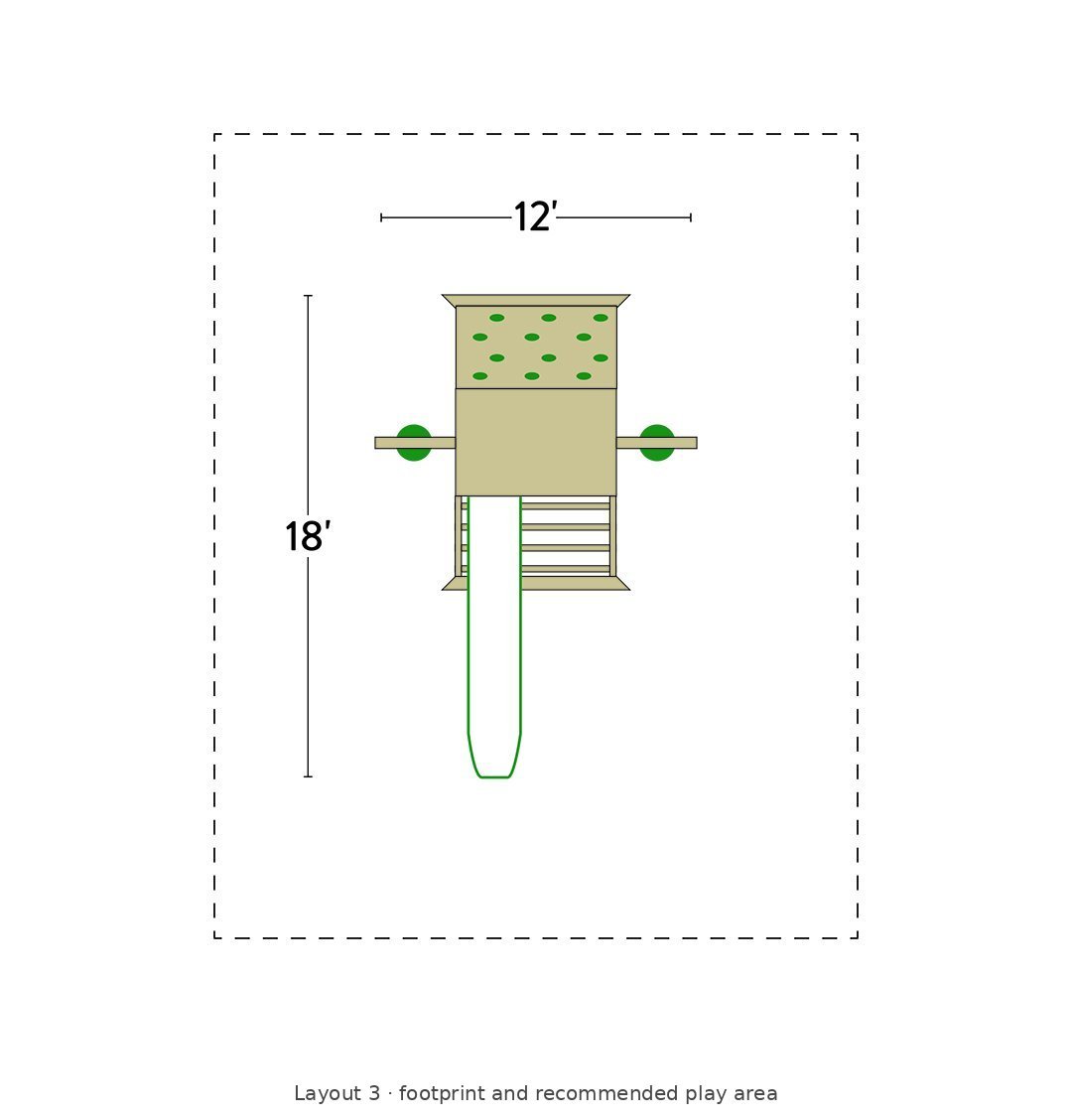Amish Olympus Wooden Swing Set & Playset Kit – Layout 3 footprint and recommended play area diagram