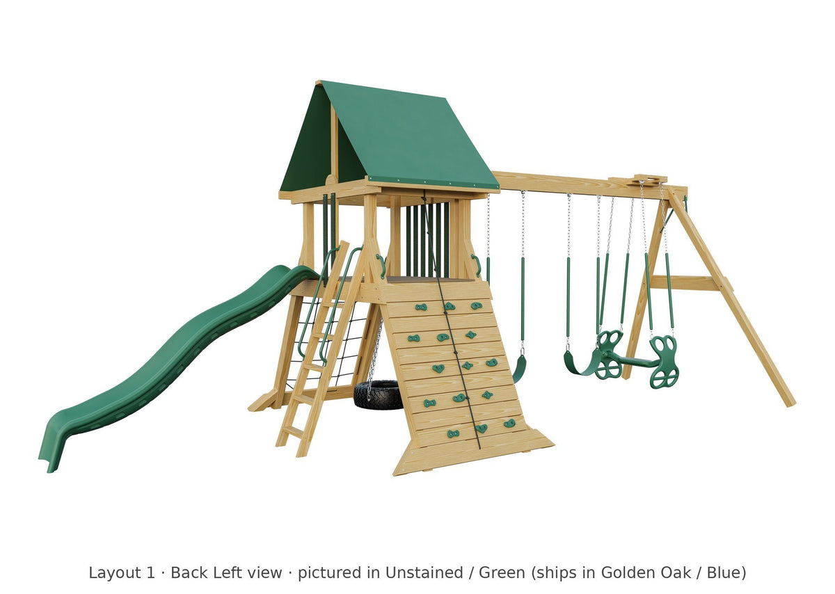 Amish Olympus Wooden Swing Set & Playset Kit – Layout 1, back left view (shown in Unstained with Green accents)